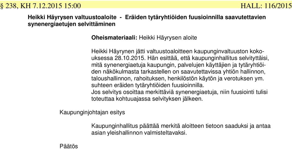 valtuustoaloitteen kaupunginvaltuuston kokouksessa 28.10.2015.