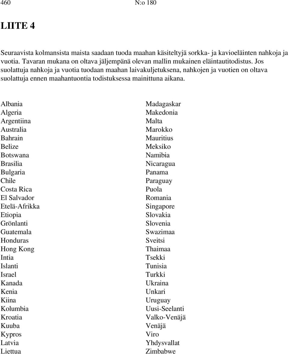 Jos suolattuja nahkoja ja vuotia tuodaan maahan laivakuljetuksena, nahkojen ja vuotien on oltava suolattuja ennen maahantuontia todistuksessa mainittuna aikana.