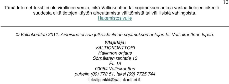 Hakemistosivulle 10 Valtiokonttori 2011.
