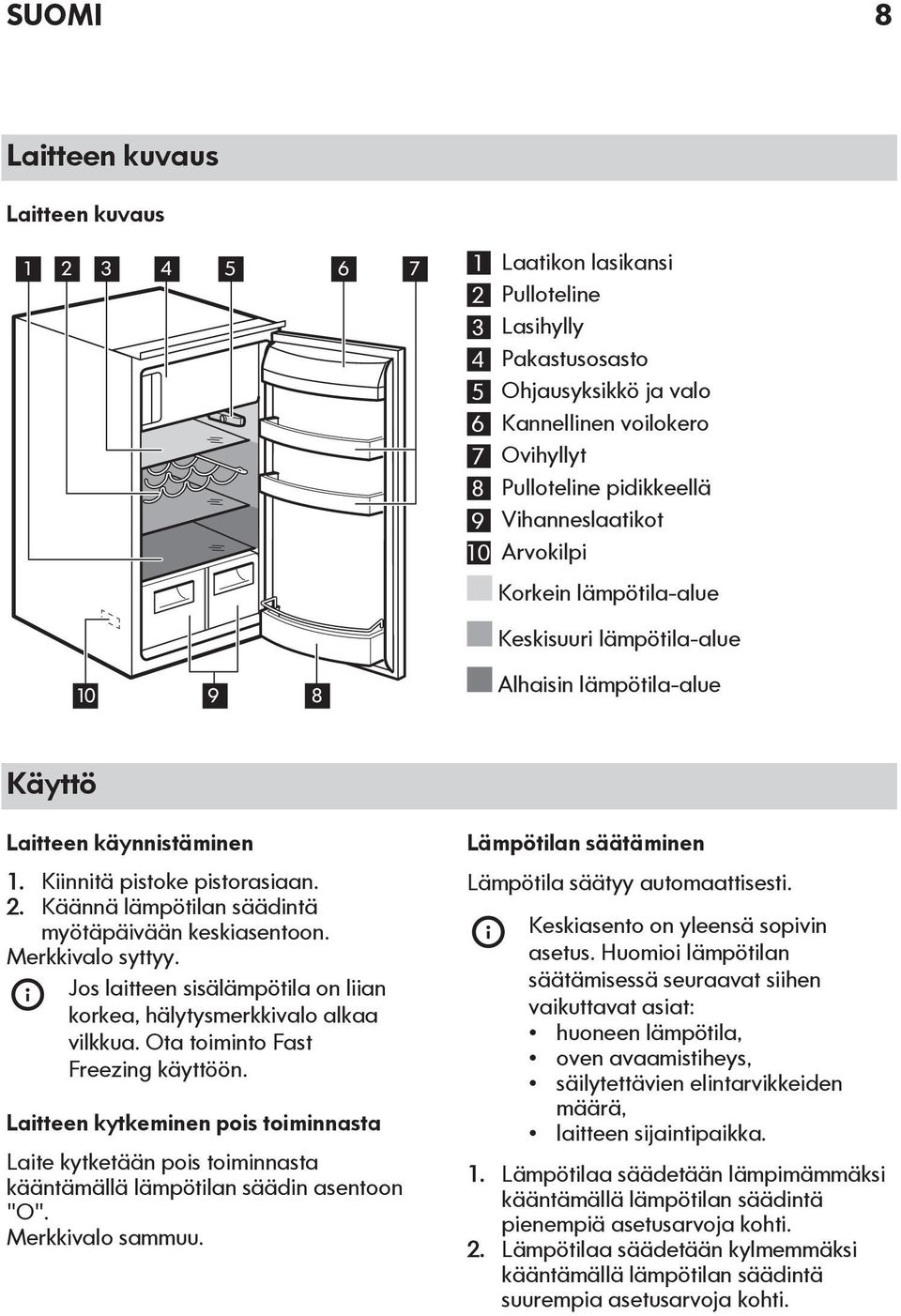 Käännä lämpötilan säädintä myötäpäivään keskiasentoon. Merkkivalo syttyy. Jos laitteen sisälämpötila on liian korkea, hälytysmerkkivalo alkaa vilkkua. Ota toiminto Fast Freezing käyttöön.