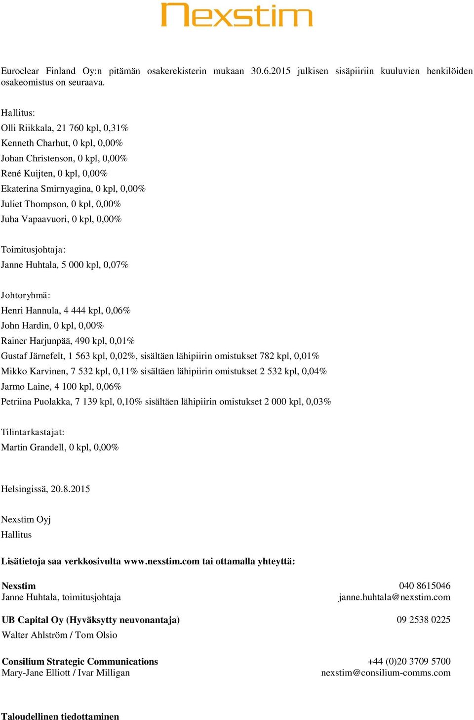 Juha Vapaavuori, 0 kpl, 0,00% Toimitusjohtaja: Janne Huhtala, 5 000 kpl, 0,07% Johtoryhmä: Henri Hannula, 4 444 kpl, 0,06% John Hardin, 0 kpl, 0,00% Rainer Harjunpää, 490 kpl, 0,01% Gustaf Järnefelt,