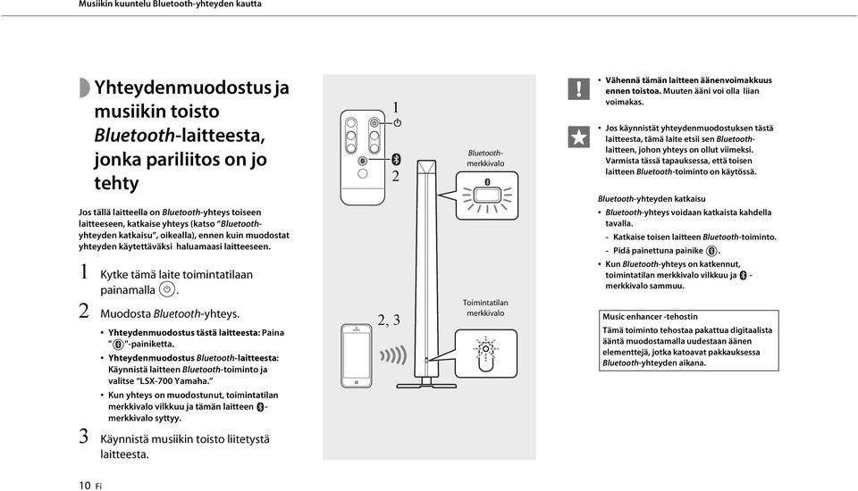 1 2 Bluetoothmerkkivalo Vähennä tämän laitteen äänenvoimakkuus ennen toistoa. Muuten ääni voi olla liian voimakas.