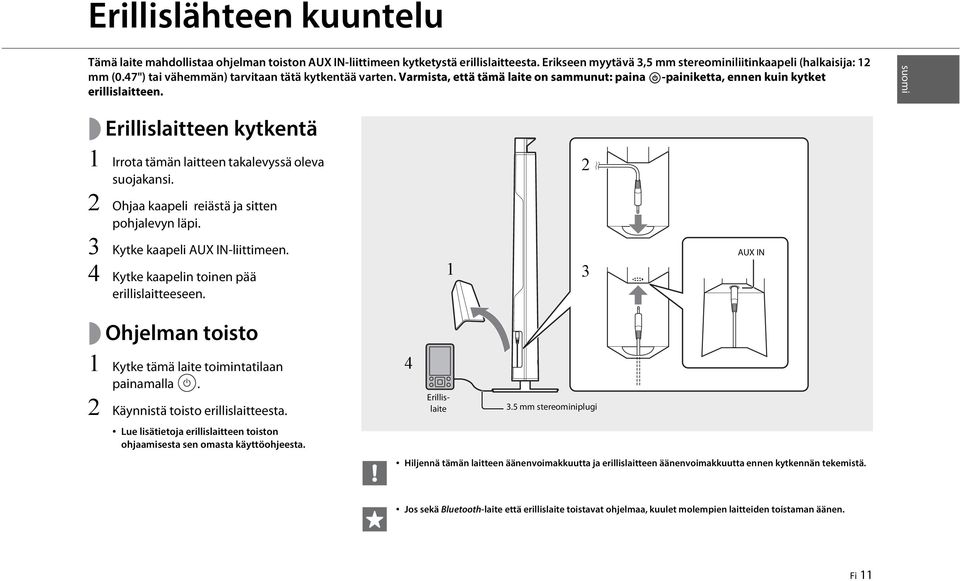 suomi Erillislaitteen kytkentä 1 Irrota tämän laitteen takalevyssä oleva suojakansi. 2 Ohjaa kaapeli reiästä ja sitten pohjalevyn läpi. 3 Kytke kaapeli AUX IN-liittimeen.