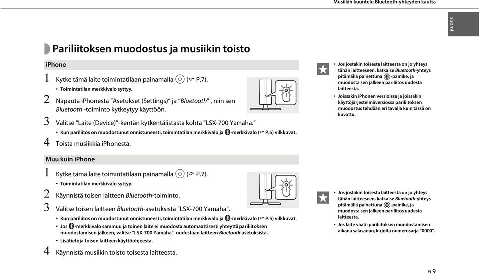 Kun pariliitos on muodostunut onnistuneesti, toimintatilan merkkivalo ja -merkkivalo ( P.5) vilkkuvat.