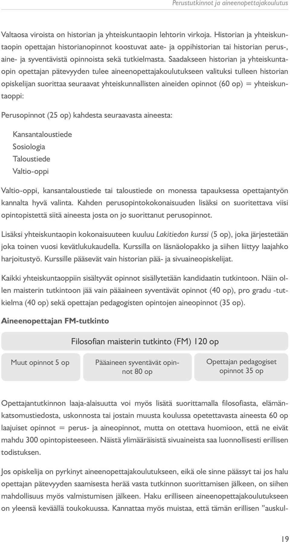 Saadakseen historian ja yhteiskuntaopin opettajan pätevyyden tulee aineenopettajakoulutukseen valituksi tulleen historian opiskelijan suorittaa seuraavat yhteiskunnallisten aineiden opinnot (60 op) =