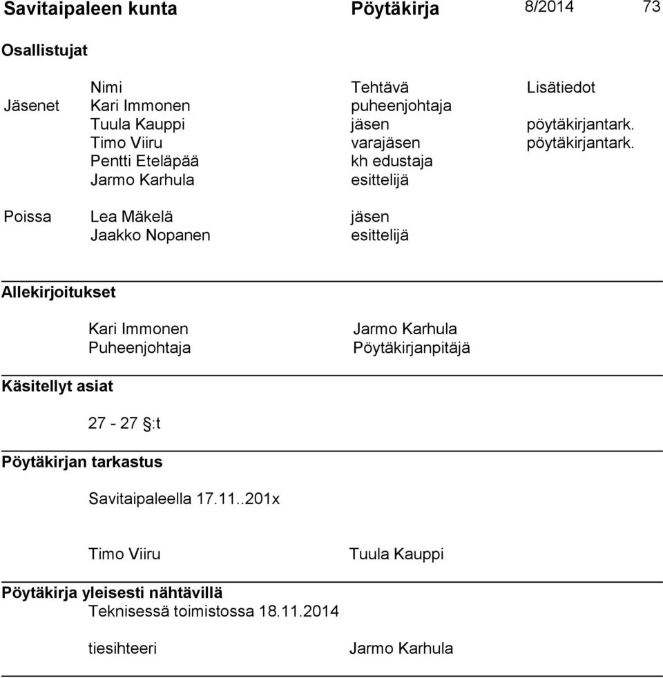 Pentti Eteläpää kh edustaja Jarmo Karhula esittelijä Poissa Lea Mäkelä jäsen Jaakko Nopanen esittelijä Allekirjoitukset Kari Immonen