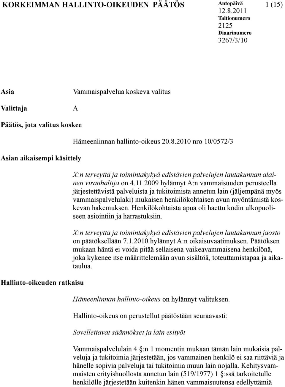 hallinto-oikeus 20.8.2010 nro 10/0572/3 X:n terveyttä ja toimintakykyä edistävien palvelujen lautakunnan alainen viranhaltija on 4.11.