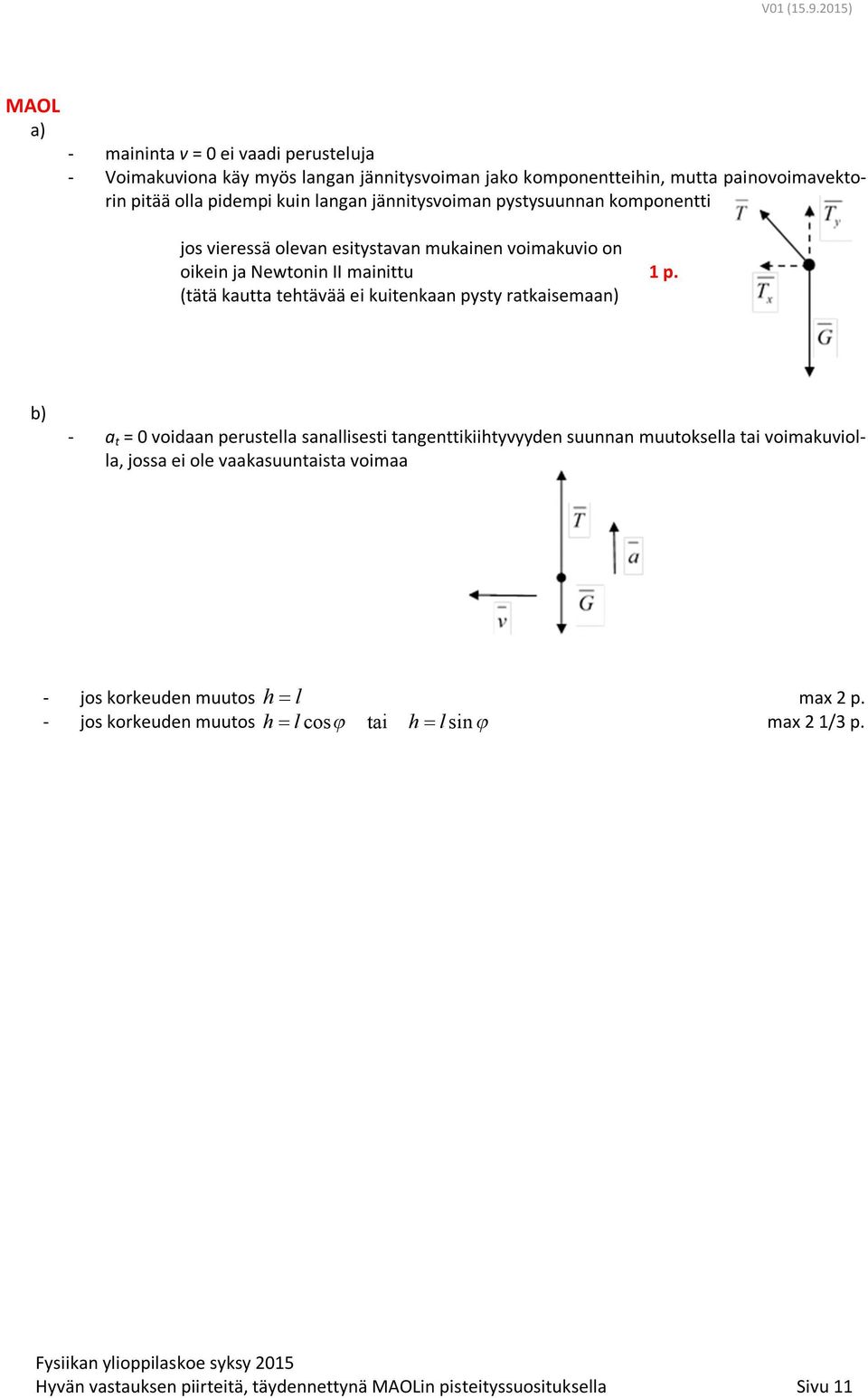 pysty ratkaisemaan) b) - a t 0 voidaan perustella sanallisesti tangenttikiihtyvyyden suunnan muutoksella tai voimakuviolla, jossa ei ole vaakasuuntaista voimaa -