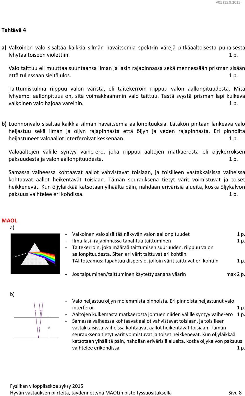 Taittumiskulma riippuu valon väristä, eli taitekerroin riippuu valon aallonpituudesta. Mitä lyhyempi aallonpituus on, sitä voimakkaammin valo taittuu.