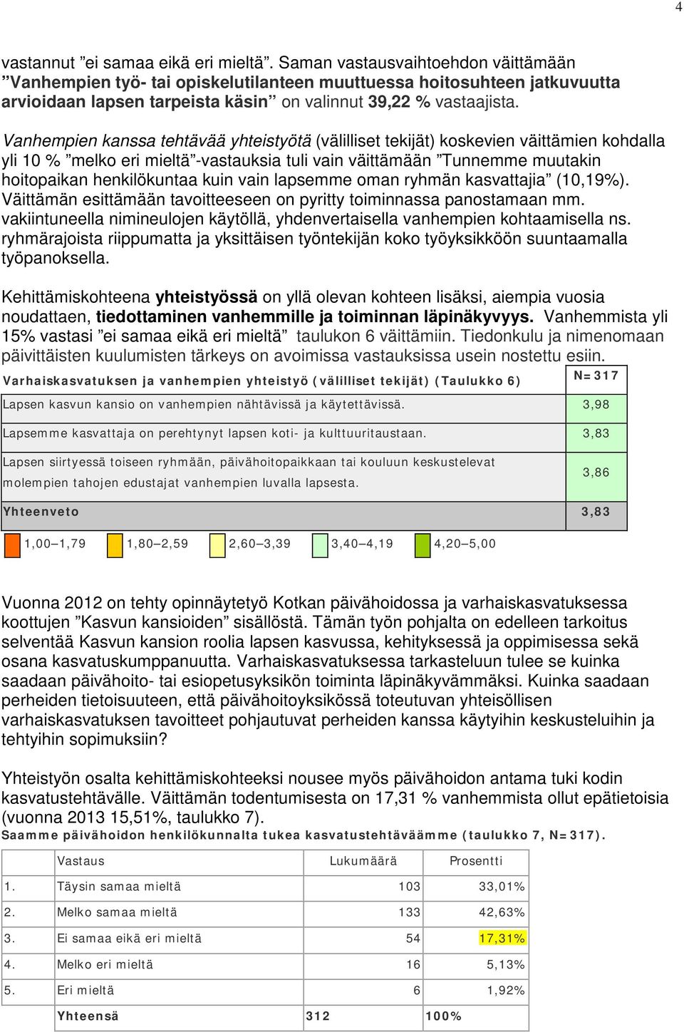 Vanhempien kanssa tehtävää yhteistyötä (välilliset tekijät) koskevien väittämien kohdalla yli 10 % melko eri mieltä -vastauksia tuli vain väittämään Tunnemme muutakin hoitopaikan henkilökuntaa kuin