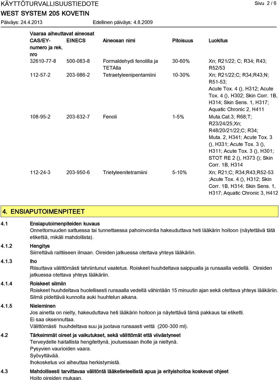 4 (), H312; Acute Tox. 4 (), H302; Skin Corr. 1B, H314; Skin Sens. 1, H317; Aquatic Chronic 2, H411 108-95-2 203-632-7 Fenoli 1-5% Muta.Cat.3; R68;T; R23/24/25;Xn; R48/20/21/22;C; R34; Muta.