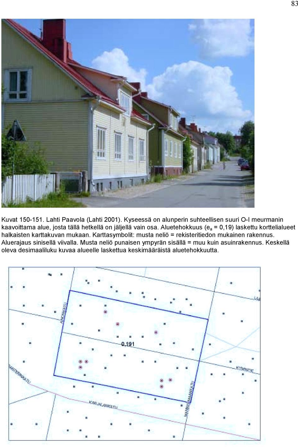 Aluetehokkuus (e a = 0,19) laskettu korttelialueet halkaisten karttakuvan mukaan.