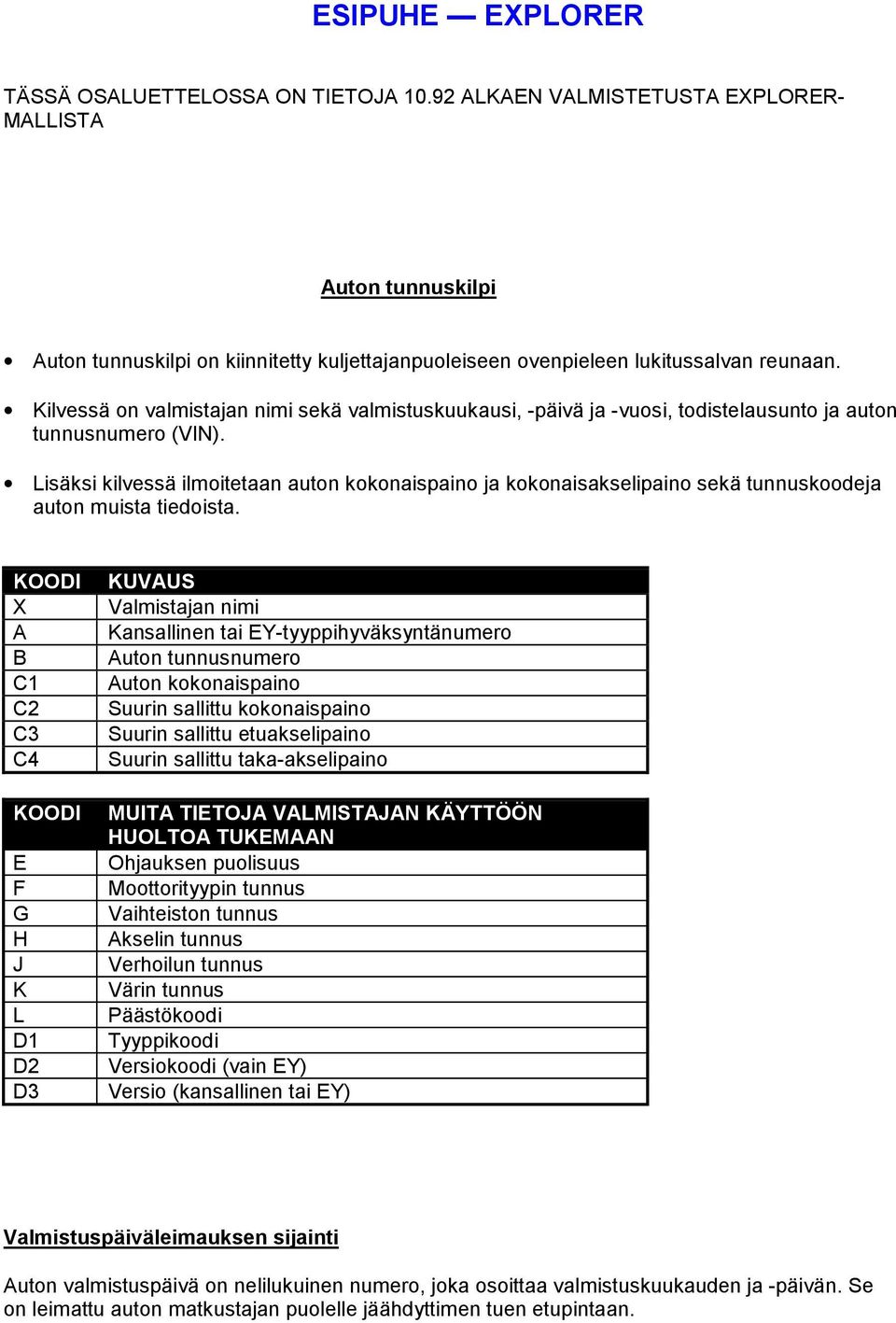 Kilvessä on valmistajan nimi sekä valmistuskuukausi, -päivä ja -vuosi, todistelausunto ja auton tunnusnumero (VIN).