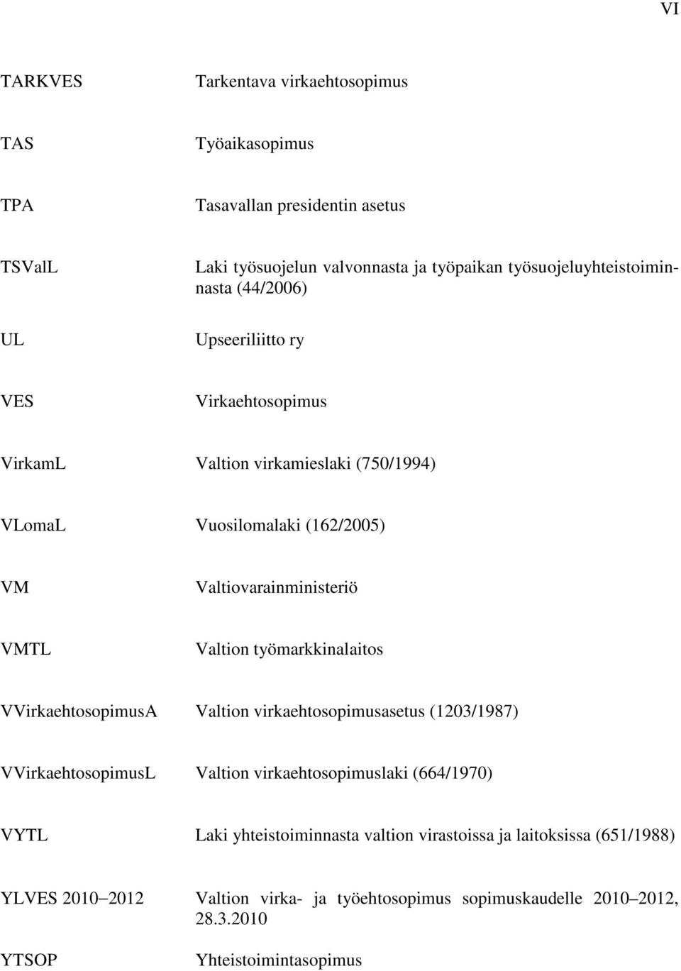 Valtiovarainministeriö VMTL Valtion työmarkkinalaitos VVirkaehtosopimusA Valtion virkaehtosopimusasetus (1203/1987) VVirkaehtosopimusL Valtion virkaehtosopimuslaki