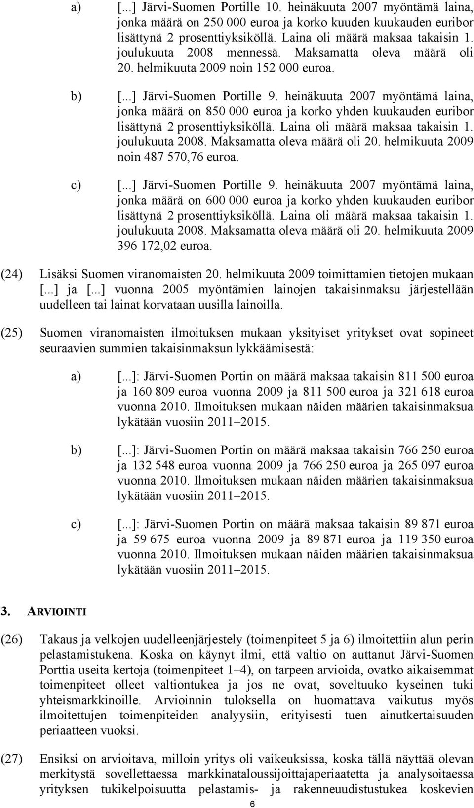 heinäkuuta 2007 myöntämä laina, jonka määrä on 850 000 euroa ja korko yhden kuukauden euribor lisättynä 2 prosenttiyksiköllä. Laina oli määrä maksaa takaisin 1. joulukuuta 2008.