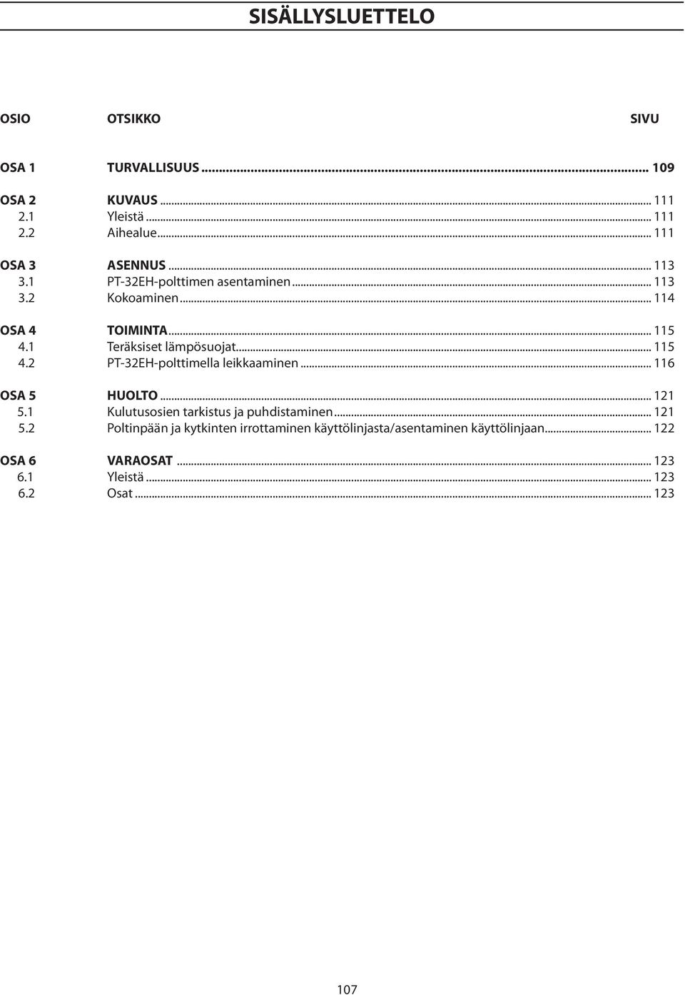 1 Teräksiset lämpösuojat... 115 4.2 PT-32EH-polttimella leikkaaminen... 116 OSA 5 HUOLTO... 121 5.