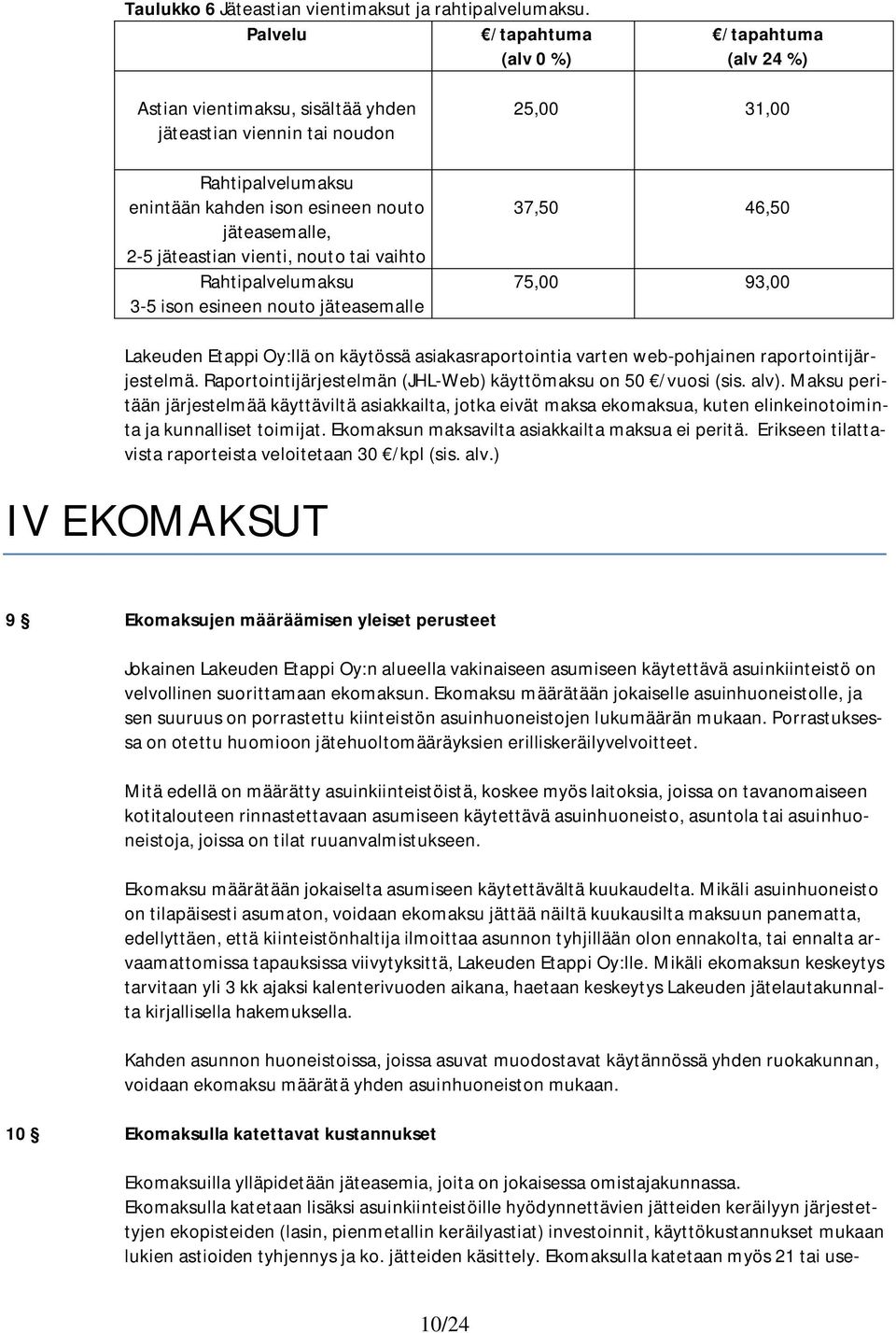 vaihto Rahtipalvelumaksu 3-5 ison esineen nouto jäteasemalle 25,00 31,00 37,50 46,50 75,00 93,00 Lakeuden Etappi Oy:llä on käytössä asiakasraportointia varten web-pohjainen raportointijärjestelmä.