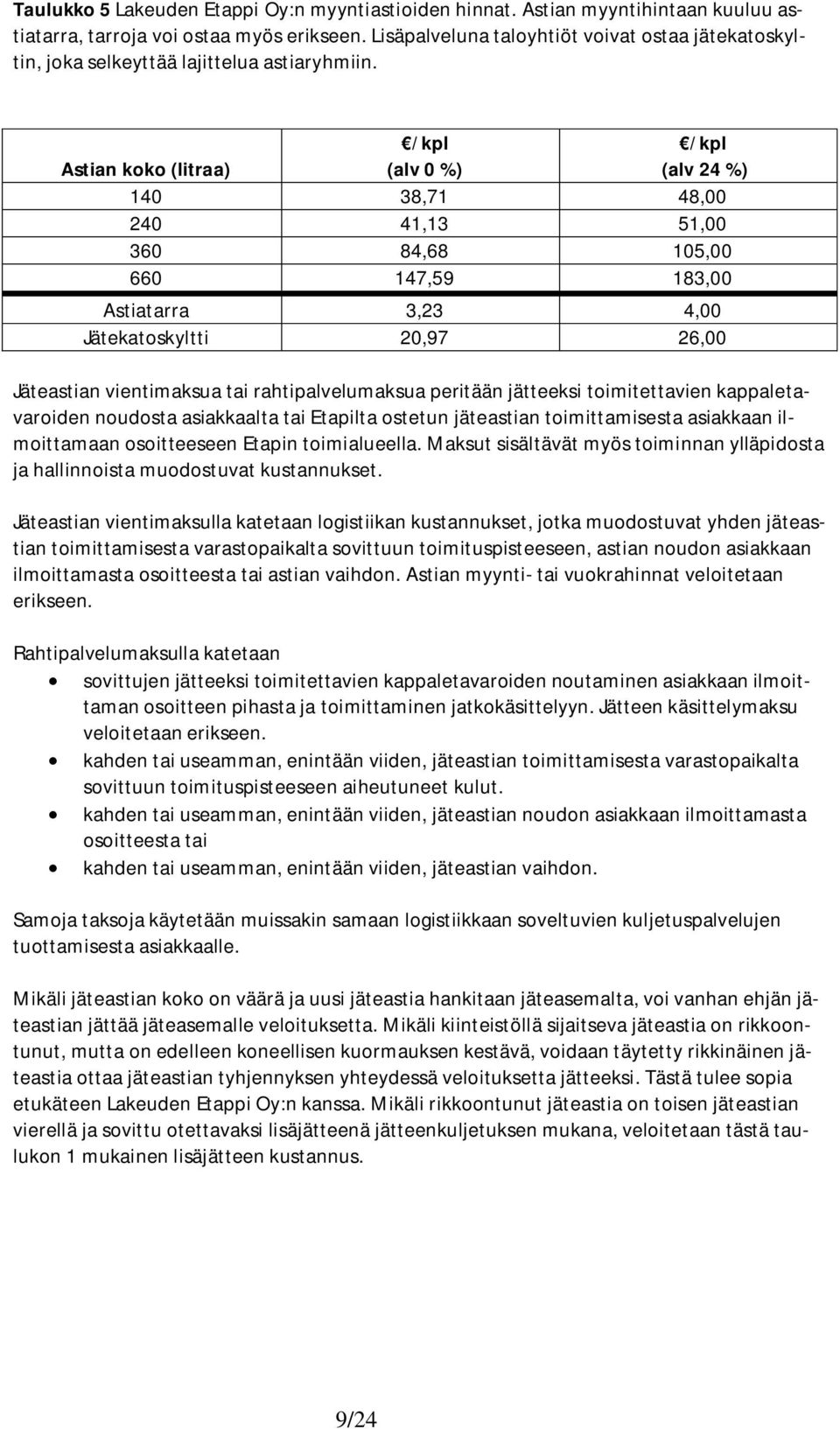 Astian koko (litraa) /kpl /kpl 140 38,71 48,00 240 41,13 51,00 360 84,68 105,00 660 147,59 183,00 Astiatarra 3,23 4,00 Jätekatoskyltti 20,97 26,00 Jäteastian vientimaksua tai rahtipalvelumaksua