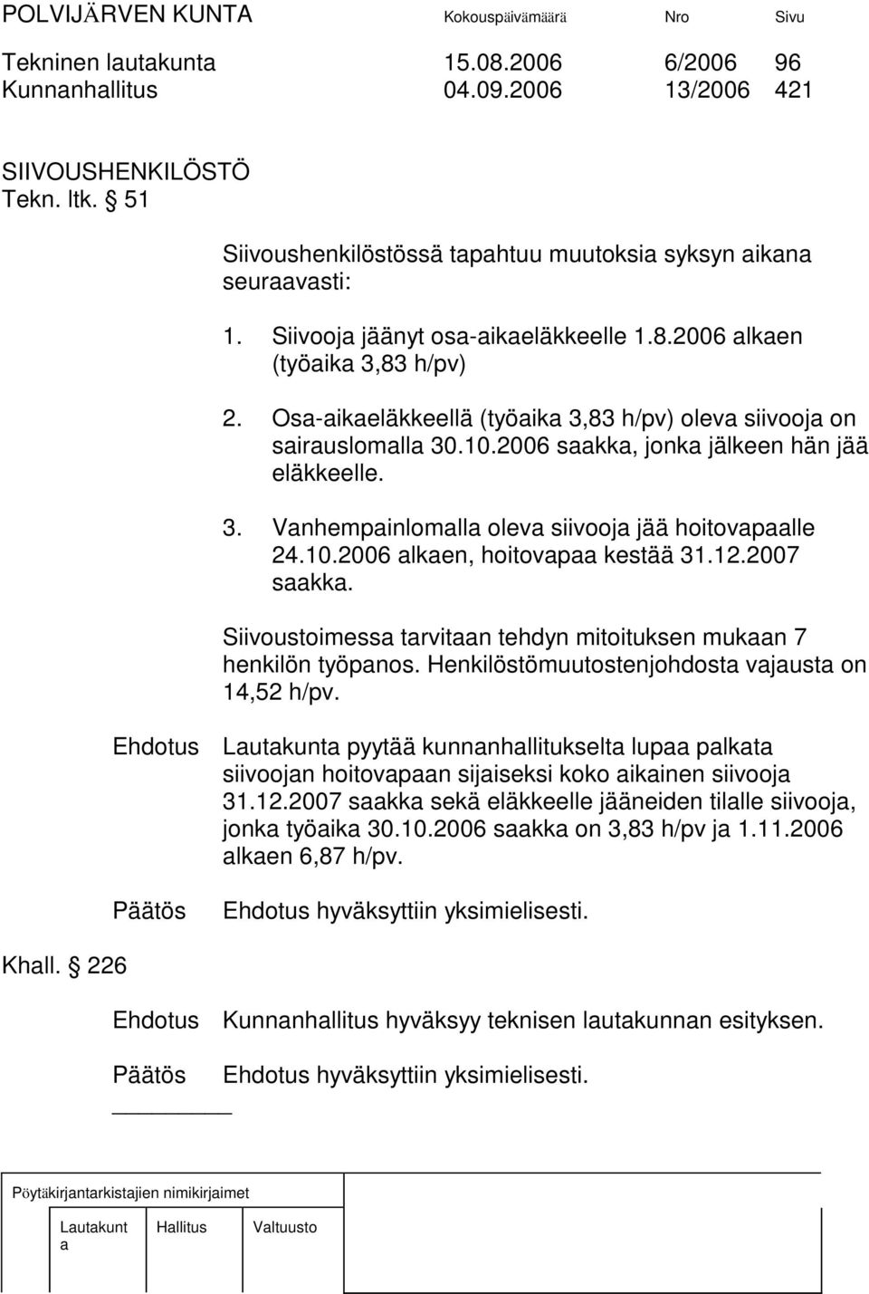 2006 skk, jonk jälkeen hän jää eläkkeelle. 3. Vnhempinlomll olev siivooj jää hoitovplle 24.10.2006 lken, hoitovp kestää 31.12.2007 skk.