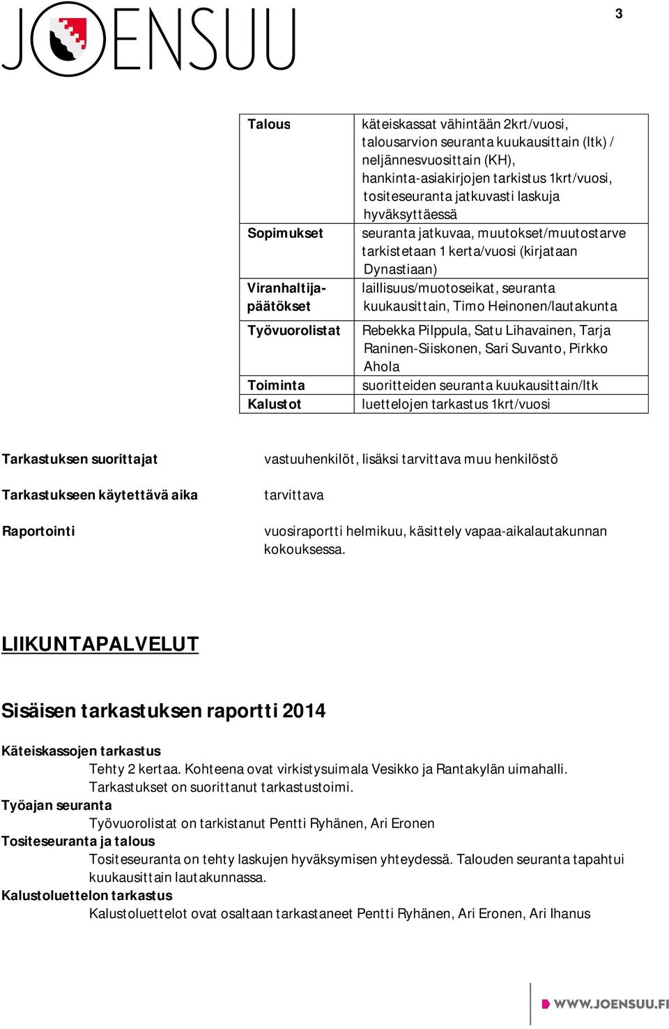 vuosiraportti helmikuu, käsittely vapaa-aikalautakunnan kokouksessa. LIIKUNTAPALVELUT Tehty 2 kertaa. Kohteena ovat virkistysuimala Vesikko ja Rantakylän uimahalli.