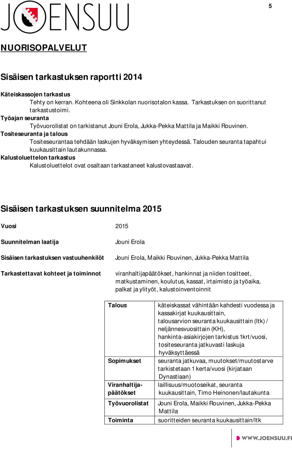 Tarkastettavat kohteet ja toiminnot Jouni Erola Jouni Erola, Maikki Rouvinen, Jukka-Pekka Mattila viranhaltijapäätökset, hankinnat ja niiden tositteet, matkustaminen, koulutus, kassat, irtaimisto ja