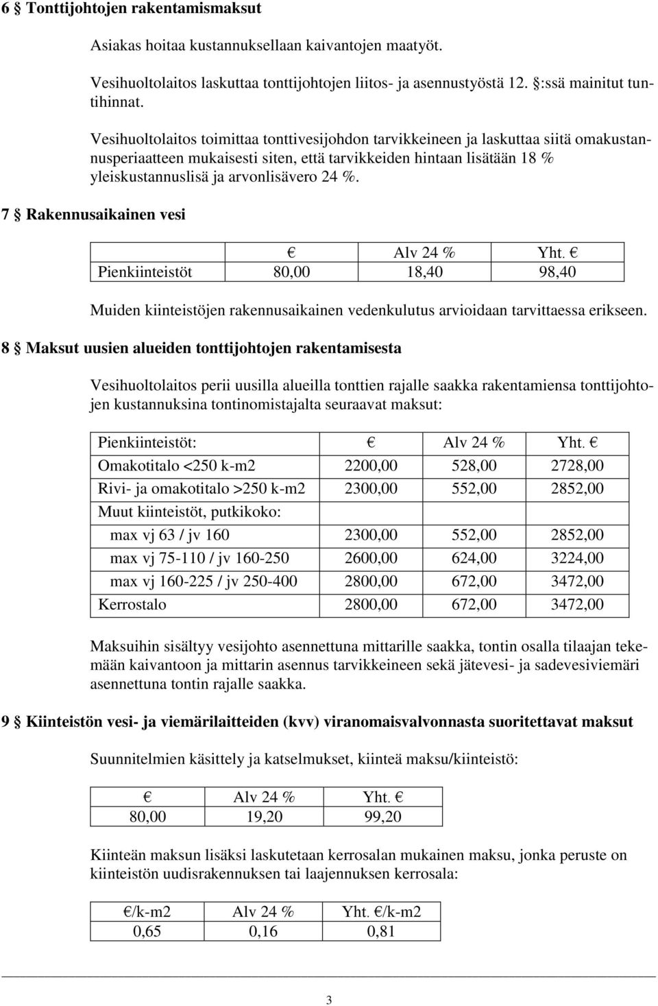 7 Rakennusaikainen vesi Pienkiinteistöt 80,00 18,40 98,40 Muiden kiinteistöjen rakennusaikainen vedenkulutus arvioidaan tarvittaessa erikseen.