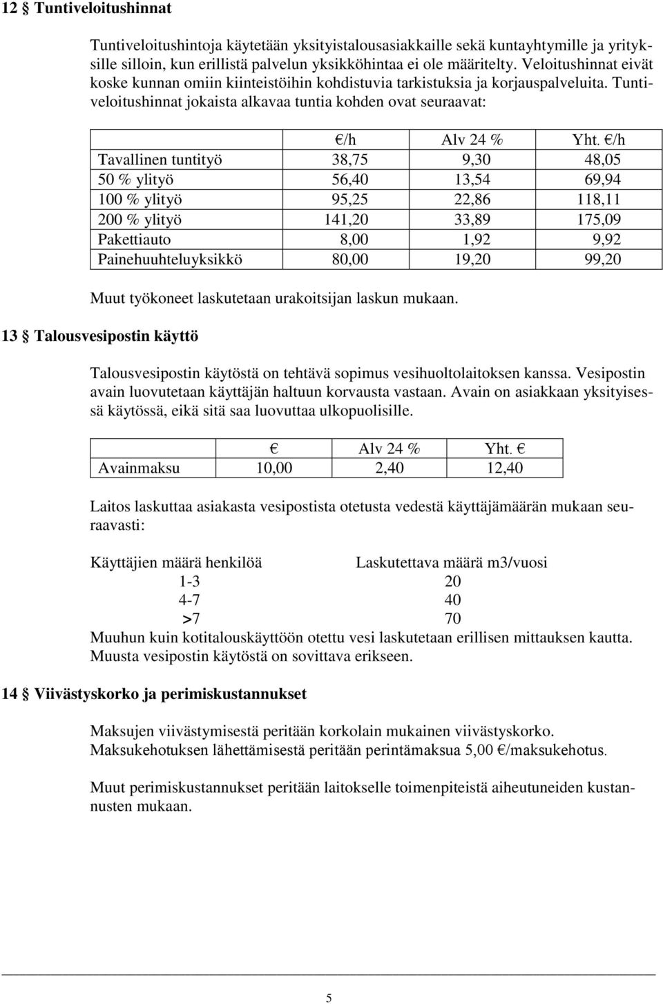 /h Tavallinen tuntityö 38,75 9,30 48,05 50 % ylityö 56,40 13,54 69,94 100 % ylityö 95,25 22,86 118,11 200 % ylityö 141,20 33,89 175,09 Pakettiauto 8,00 1,92 9,92 Painehuuhteluyksikkö 80,00 19,20