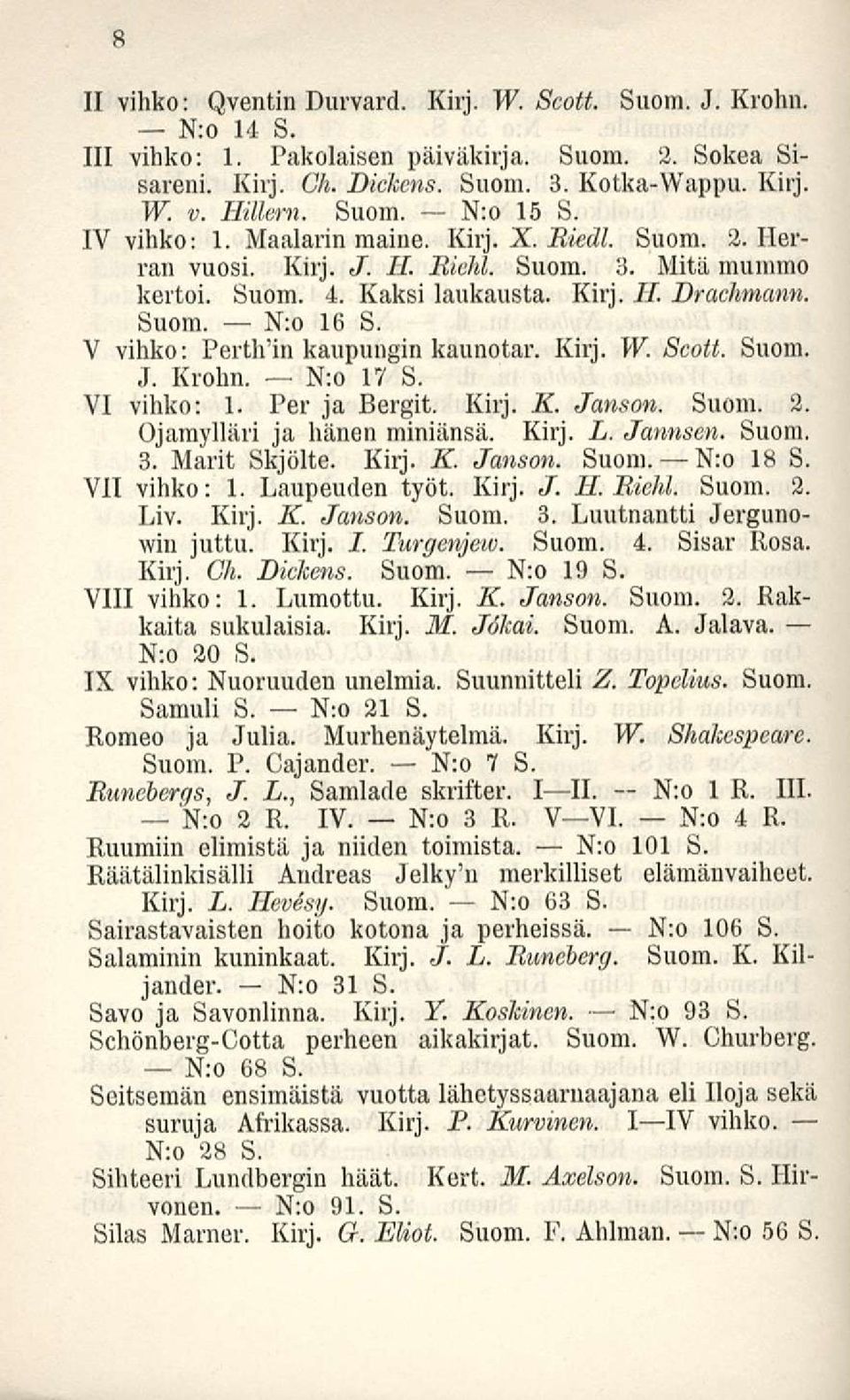 V vihko: PertlPin kaupungin kaunotar. Kirj. W. Scott. Suom. J. Krohn. N:o 17 S. VI vihko: 1. Per ja Bergit. Kirj. K. Janson. Suoni. 2. Ojamylläri ja hänen miniänsä. Kirj. L. Jannsen. Suoni. 3.