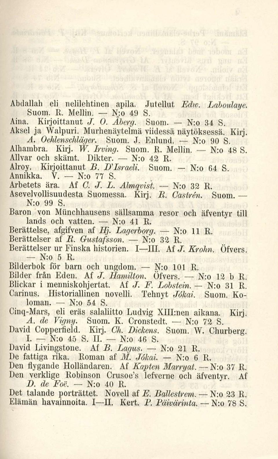Arbetets ära. Af G. J. L. Almqvist. N: o 32 R. Asevelvollisuudesta Suomessa. Kiri. B. Castren. Suom. N:o 99 S. Baron von Munchhausens sällsamma resor och äfventyr tili lands och vatien. N:o 41 R.