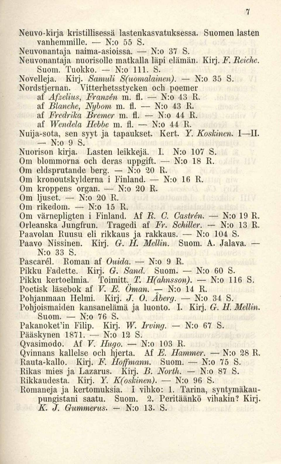 li. N:o 44 R. af Wendela Hebhe m. fl. N:o 44 R. Nuija-sota, sen syyt ja tapaukset. Kert. Y. Koskinen. I II. N;o 9 S. Nuorison kirja. Lasten leikkejä. I. N:o 107 S. Om blommorna och deras uppgift.