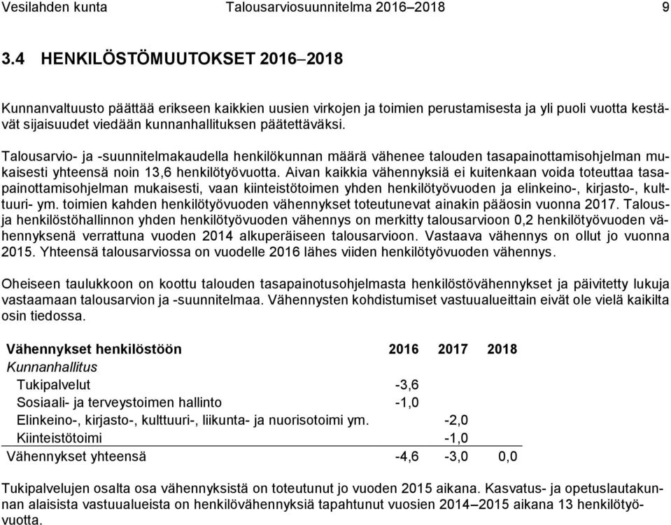 Talousarvio- ja -suunnitelmakaudella henkilökunnan määrä vähenee talouden tasapainottamisohjelman mukaisesti yhteensä noin 13,6 henkilötyövuotta.