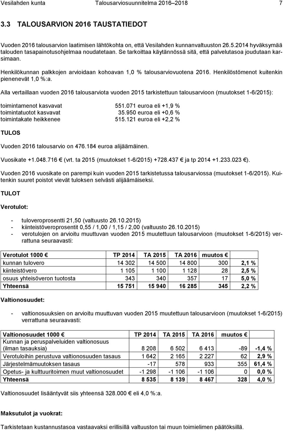 Henkilökunnan palkkojen arvioidaan kohoavan 1,0 % talousarviovuotena 2016. Henkilöstömenot kuitenkin pienenevät 1,0 %:a.