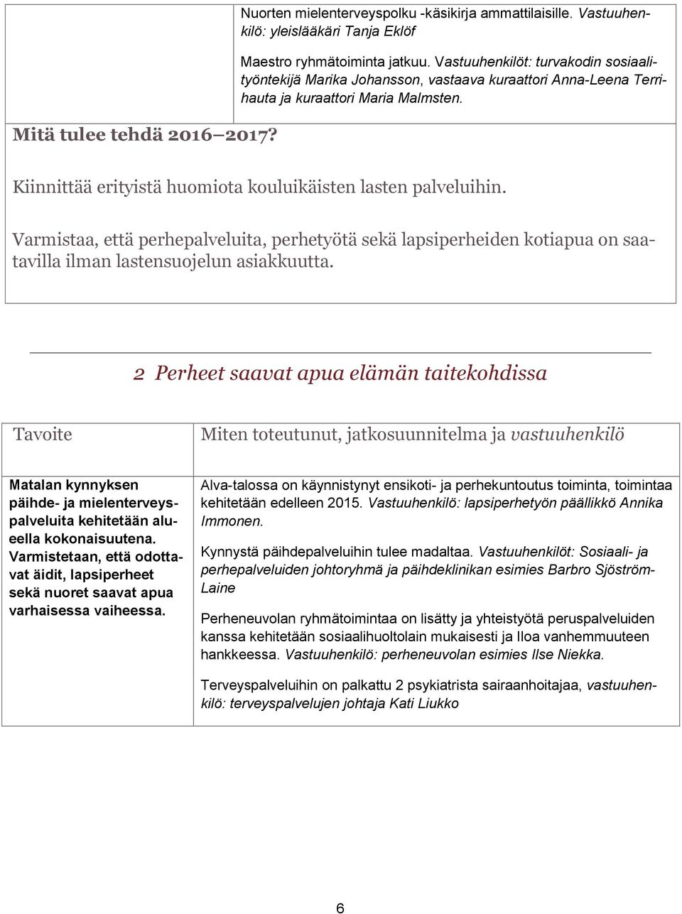 Varmistaa, että perhepalveluita, perhetyötä sekä lapsiperheiden kotiapua on saatavilla ilman lastensuojelun asiakkuutta.