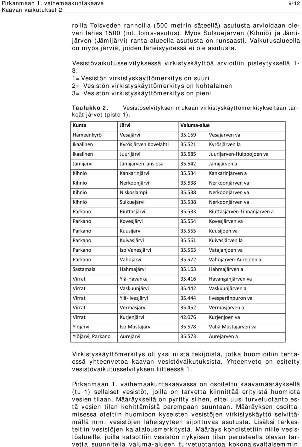 Vesistövaikutusselvityksessä virkistyskäyttöä arvioitiin pisteytyksellä 1-3: 1=Vesistön virkistyskäyttömerkitys on suuri 2= Vesistön virkistyskäyttömerkitys on kohtalainen 3= Vesistön