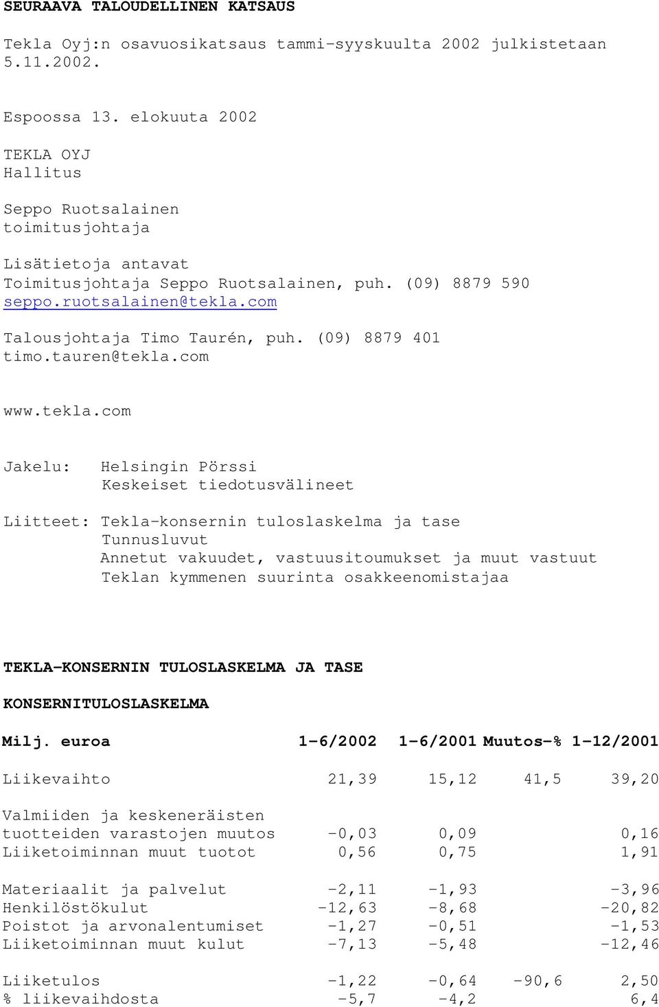 com Talousjohtaja Timo Taurén, puh. (09) 8879 401 timo.tauren@tekla.