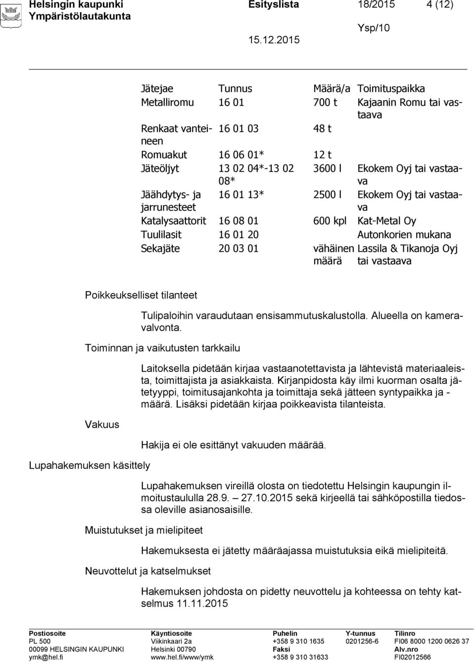 Autonkorien mukana Sekajäte 20 03 01 vähäinen määrä Lassila & Tikanoja Oyj tai vastaava Poikkeukselliset tilanteet Tulipaloihin varaudutaan ensisammutuskalustolla. Alueella on kameravalvonta.