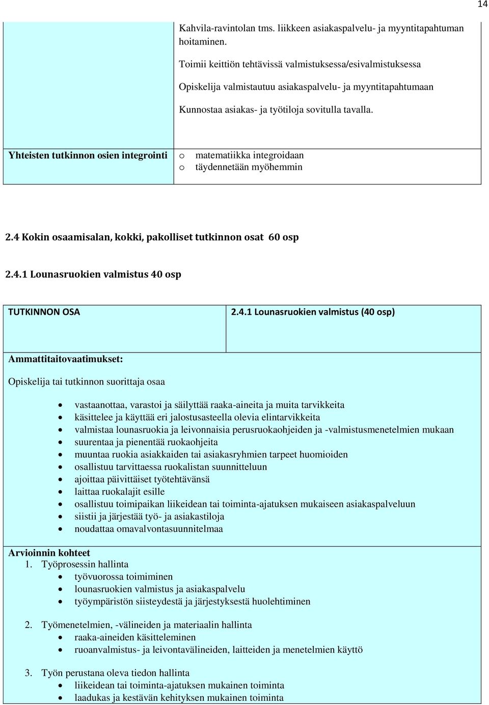 Yhteisten tutkinnon osien integrointi o matematiikka integroidaan o täydennetään myöhemmin 2.4 Kokin osaamisalan, kokki, pakolliset tutkinnon osat 60 osp 2.4.1 Lounasruokien valmistus 40 osp TUTKINNON OSA 2.