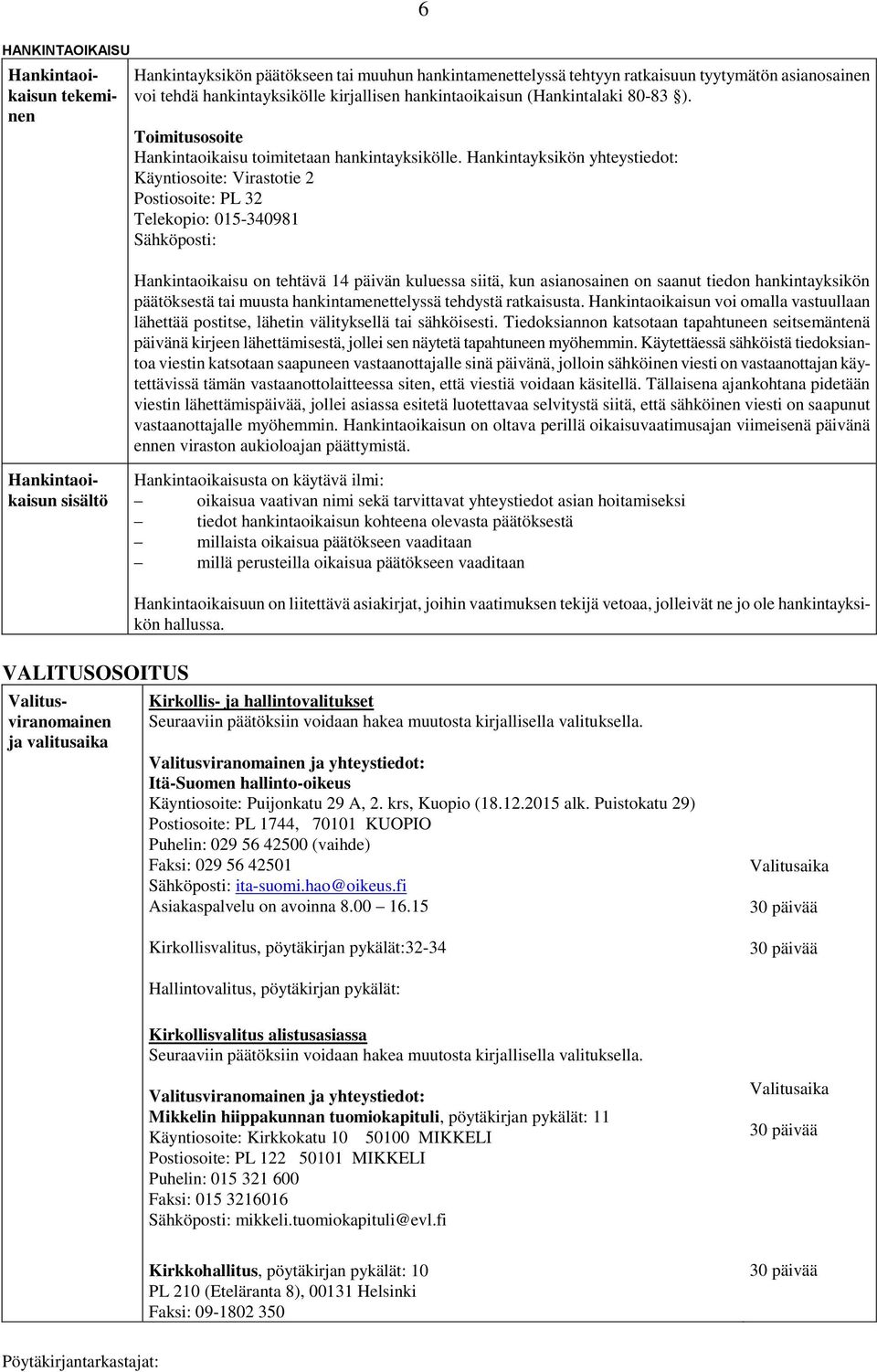 Hankintayksikön yhteystiedot: Käyntiosoite: Virastotie 2 Postiosoite: PL 32 Telekopio: 015-340981 Sähköposti: Hankintaoikaisu on tehtävä 14 päivän kuluessa siitä, kun asianosainen on saanut tiedon
