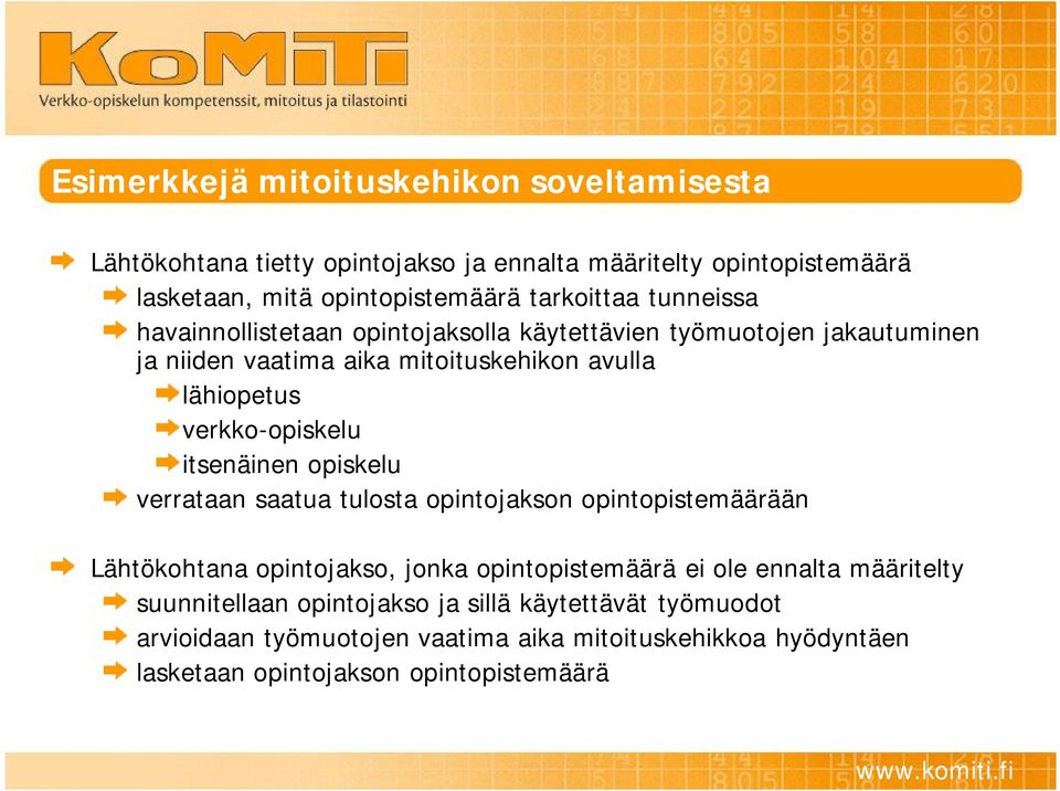 opiskelu itsenäinen opiskelu verrataan saatua tulosta opintojakson opintopistemäärään Lähtökohtana opintojakso, jonka opintopistemäärä ei ole ennalta