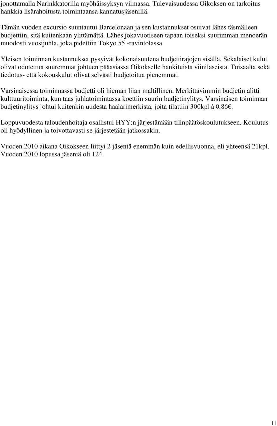 Lähes jokavuotiseen tapaan toiseksi suurimman menoerän muodosti vuosijuhla, joka pidettiin Tokyo 55 -ravintolassa. Yleisen toiminnan kustannukset pysyivät kokonaisuutena budjettirajojen sisällä.