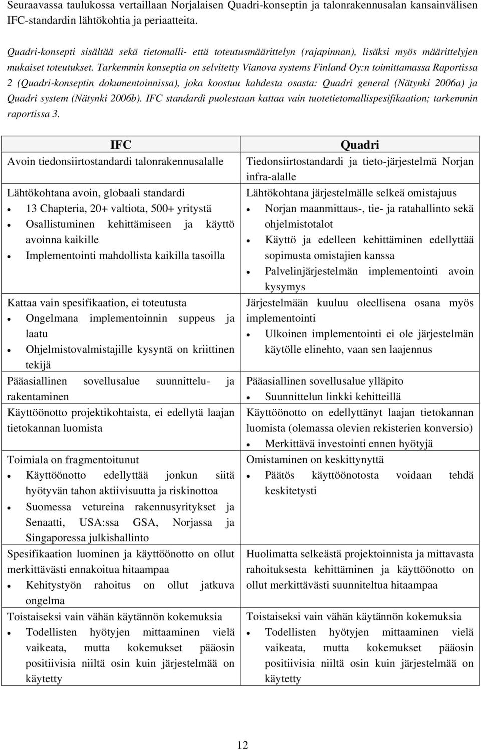 Tarkemmin konseptia on selvitetty Vianova systems Finland Oy:n toimittamassa Raportissa 2 (Quadri-konseptin dokumentoinnissa), joka koostuu kahdesta osasta: Quadri general (Nätynki 2006a) ja Quadri