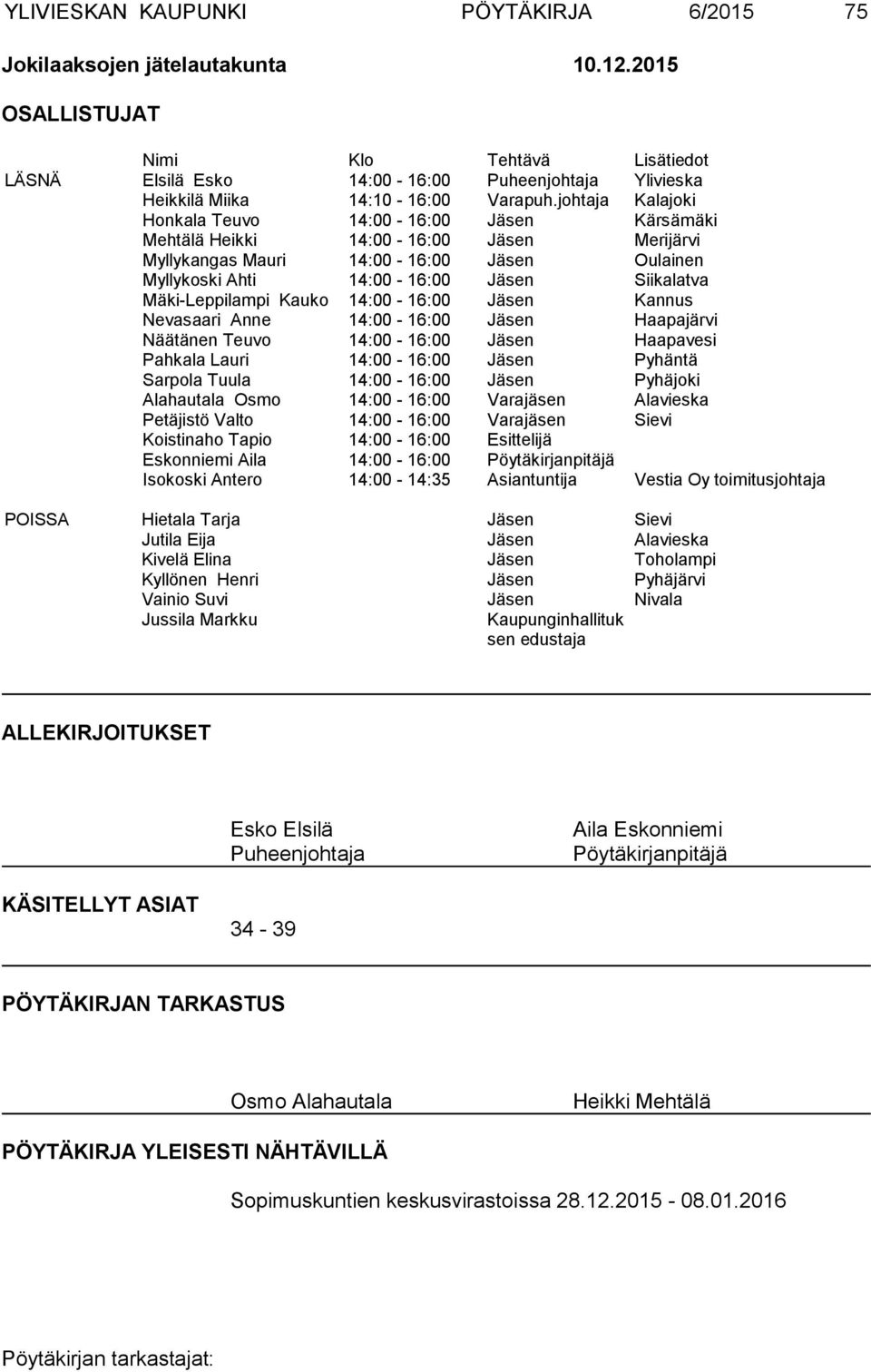 johtaja Kalajoki Honkala Teuvo 14:00-16:00 Jäsen Kärsämäki Mehtälä Heikki 14:00-16:00 Jäsen Merijärvi Myllykangas Mauri 14:00-16:00 Jäsen Oulainen Myllykoski Ahti 14:00-16:00 Jäsen Siikalatva