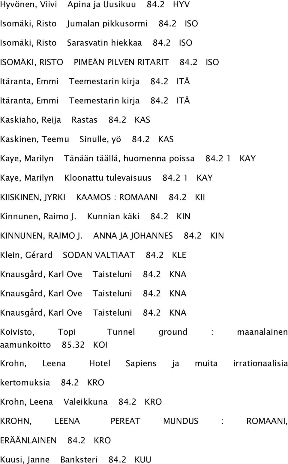 2 KAS Kaye, Marilyn Tänään täällä, huomenna poissa 84.2 1 KAY Kaye, Marilyn Kloonattu tulevaisuus 84.2 1 KAY KIISKINEN, JYRKI KAAMOS : ROMAANI 84.2 KII Kinnunen, Raimo J. Kunnian käki 84.