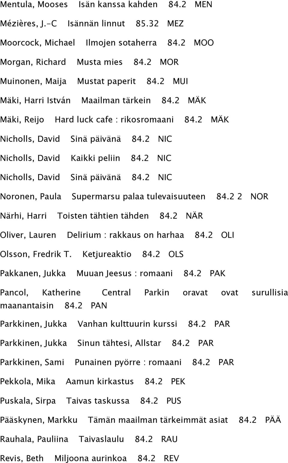 2 NIC Nicholls, David Sinä päivänä 84.2 NIC Noronen, Paula Supermarsu palaa tulevaisuuteen 84.2 2 NOR Närhi, Harri Toisten tähtien tähden 84.2 NÄR Oliver, Lauren Delirium : rakkaus on harhaa 84.