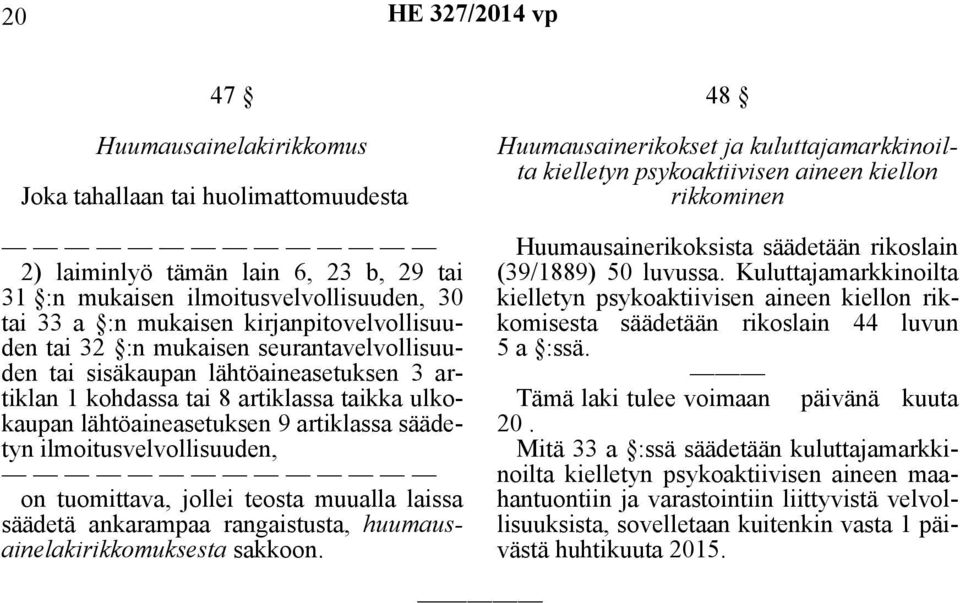 tuomittava, jollei teosta muualla laissa säädetä ankarampaa rangaistusta, huumausainelakirikkomuksesta sakkoon.