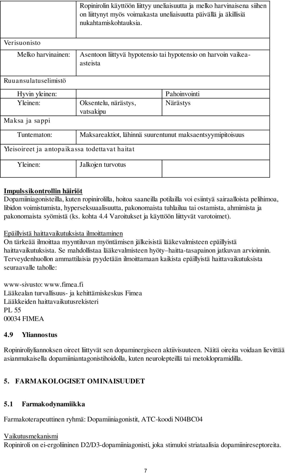 Pahoinvointi Närästys Tuntematon: Maksareaktiot, lähinnä suurentunut maksaentsyymipitoisuus Yleisoireet ja antopaikassa todettavat haitat Yleinen: Jalkojen turvotus Impulssikontrollin häiriöt