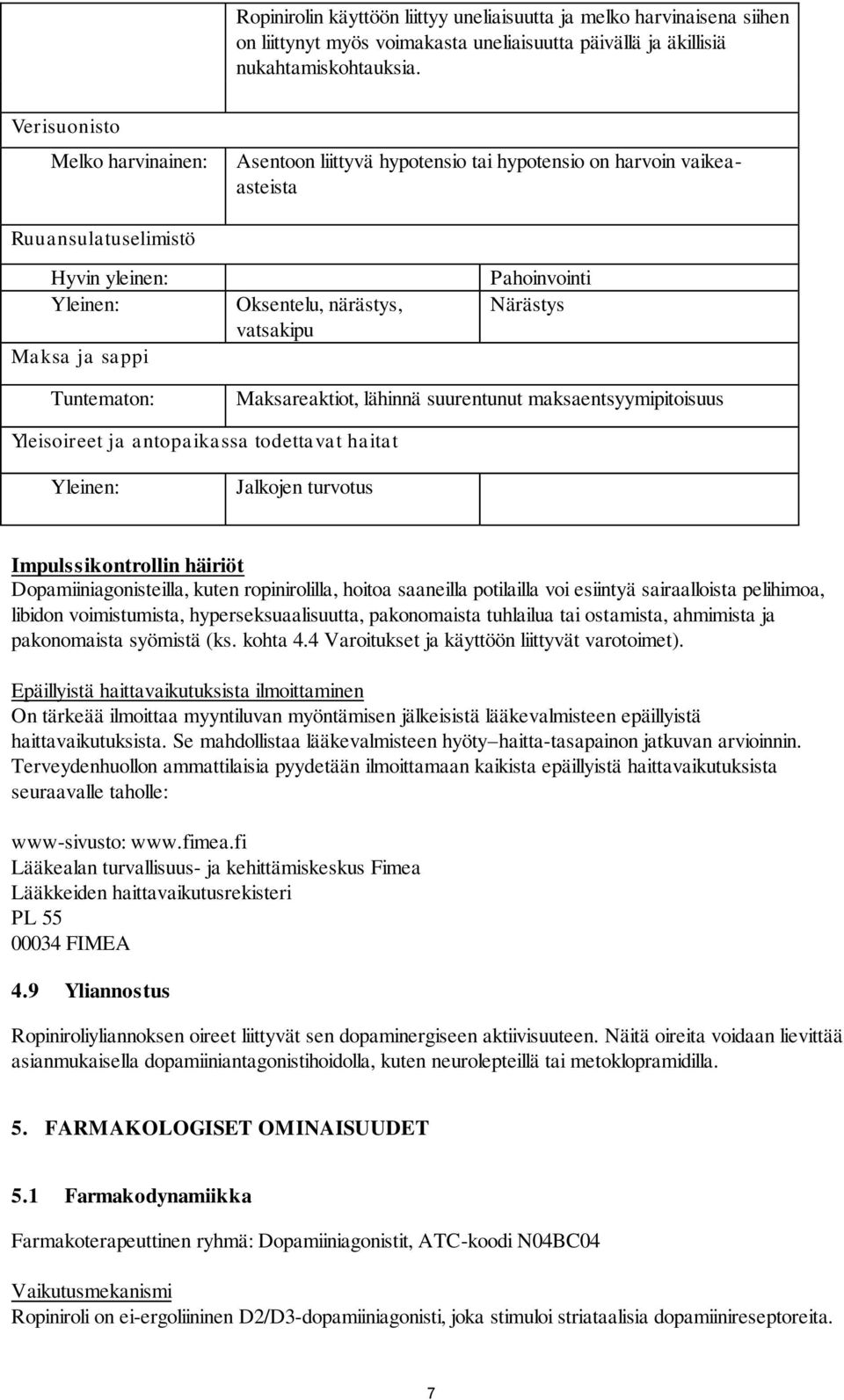 Pahoinvointi Närästys Tuntematon: Maksareaktiot, lähinnä suurentunut maksaentsyymipitoisuus Yleisoireet ja antopaikassa todettavat haitat Yleinen: Jalkojen turvotus Impulssikontrollin häiriöt