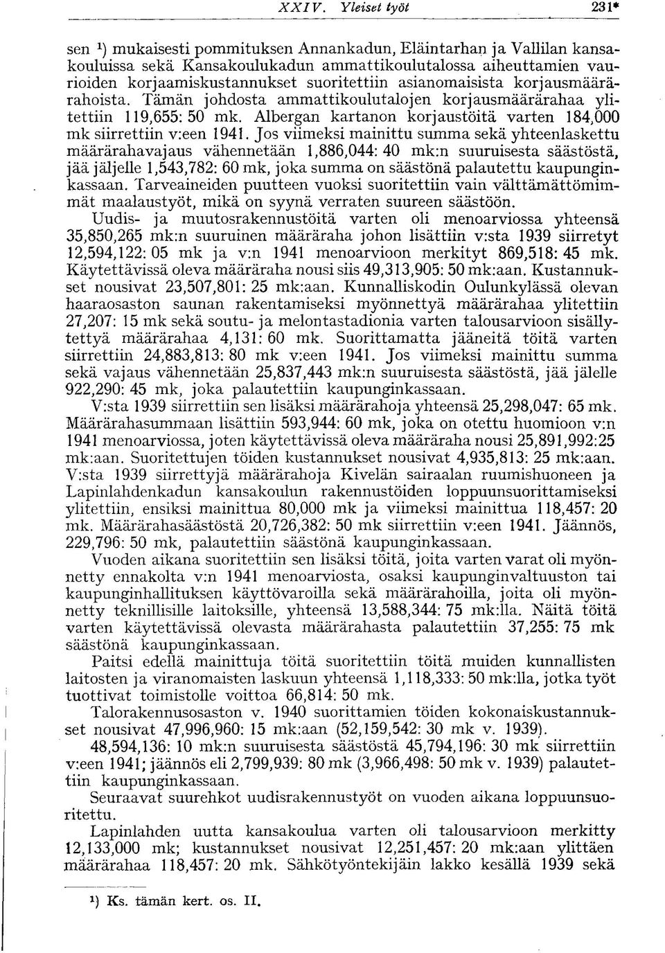 asianomaisista korjausmäärärahoista. Tämän johdosta ammattikoulut alojen korjausmäärärahaa ylitettiin 119,655:50 mk. Albergan kartanon korjaustöitä varten 184,000 mk siirrettiin v:een 1941.