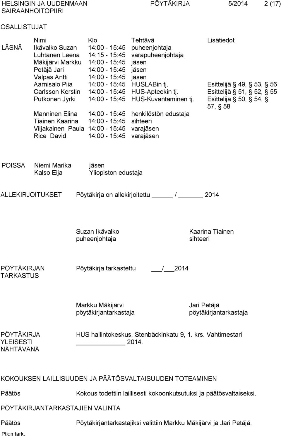 Esittelijä 51, 52, 55 Putkonen Jyrki 14:00-15:45 HUS-Kuvantaminen tj.