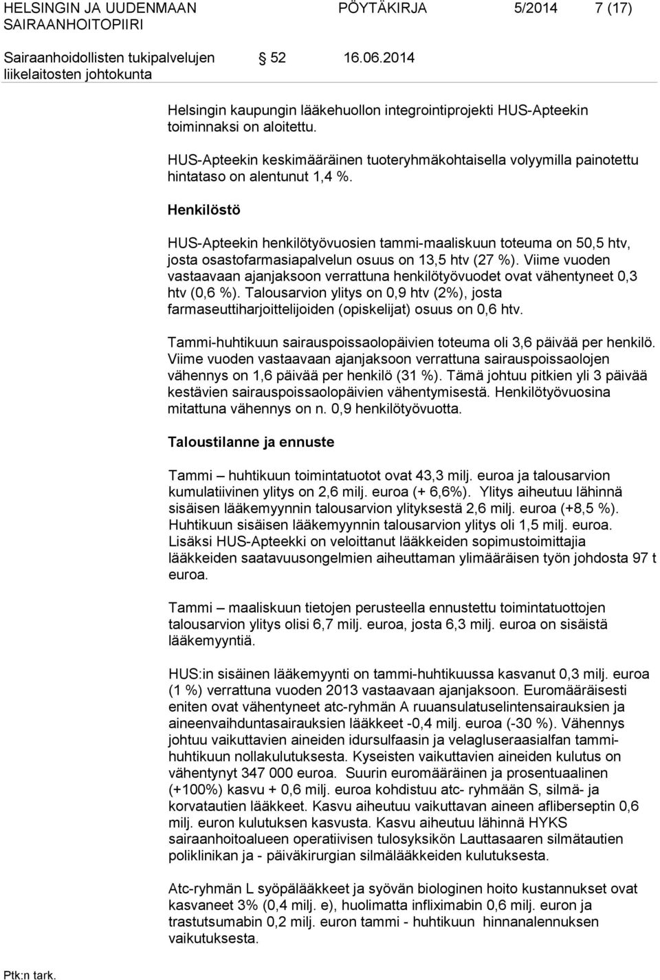 Henkilöstö HUS-Apteekin henkilötyövuosien tammi-maaliskuun toteuma on 50,5 htv, josta osastofarmasiapalvelun osuus on 13,5 htv (27 %).